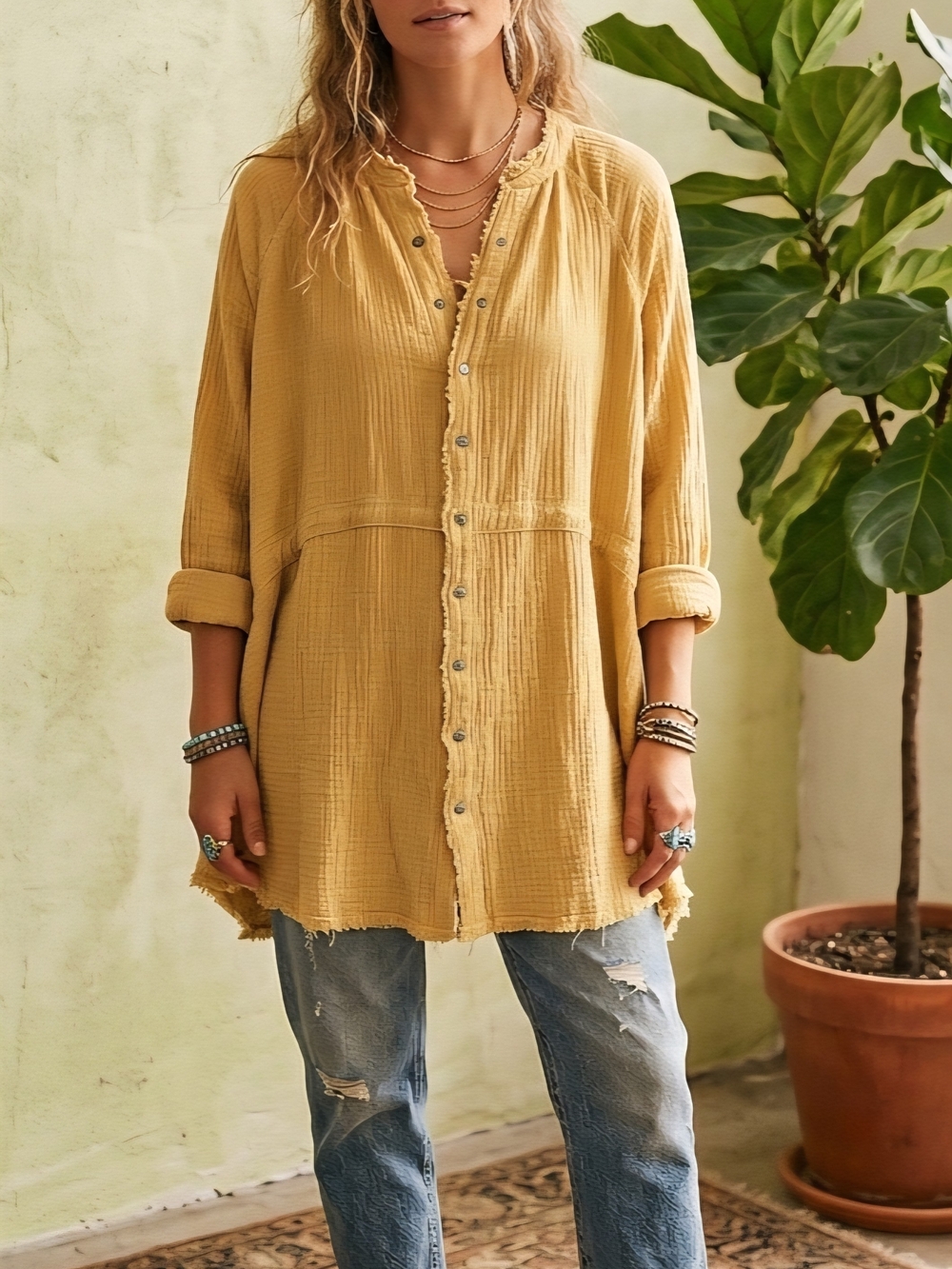 Oli & Hali Mustard Button-Front Gauze Tunic